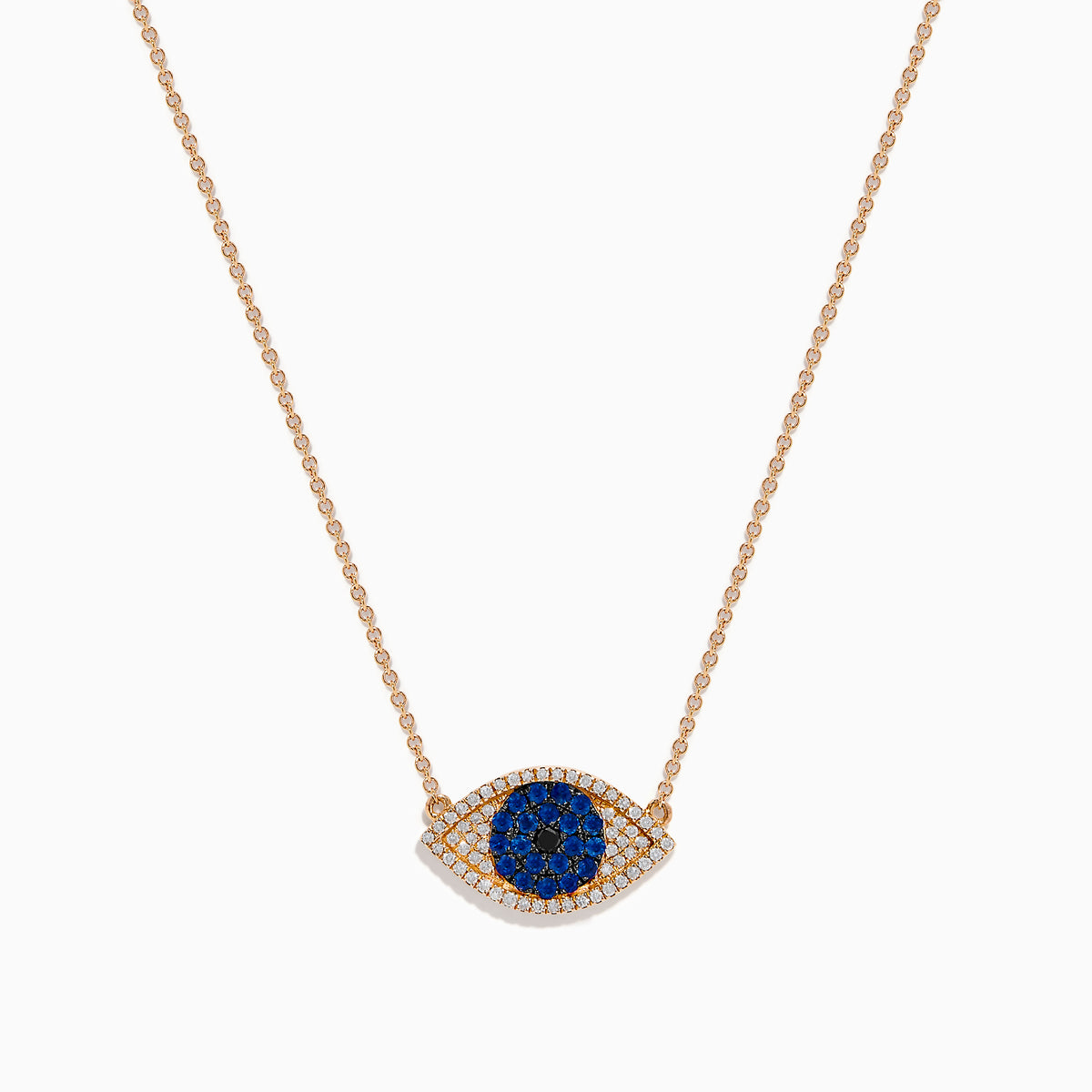 The Novelty 14K Rose Gold Blue Sapphire and Diamond Evil Eye Necklace features a blue sapphire center with sparkling diamonds, elegantly blending protection and style.