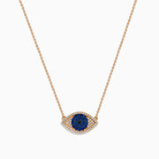 The Novelty 14K Rose Gold Blue Sapphire and Diamond Evil Eye Necklace features a blue sapphire center with sparkling diamonds, elegantly blending protection and style.