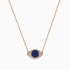 The Novelty 14K Rose Gold Blue Sapphire and Diamond Evil Eye Necklace features a blue sapphire center with sparkling diamonds, elegantly blending protection and style.