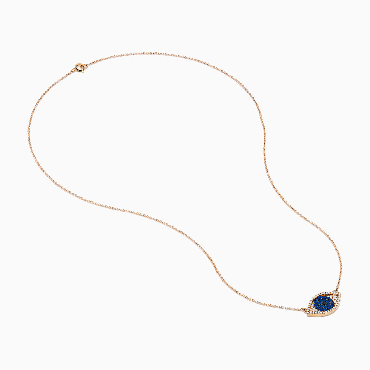The Novelty 14K Rose Gold Blue Sapphire and Diamond Evil Eye Necklace features a blue sapphire center with sparkling diamonds, elegantly blending protection and style.