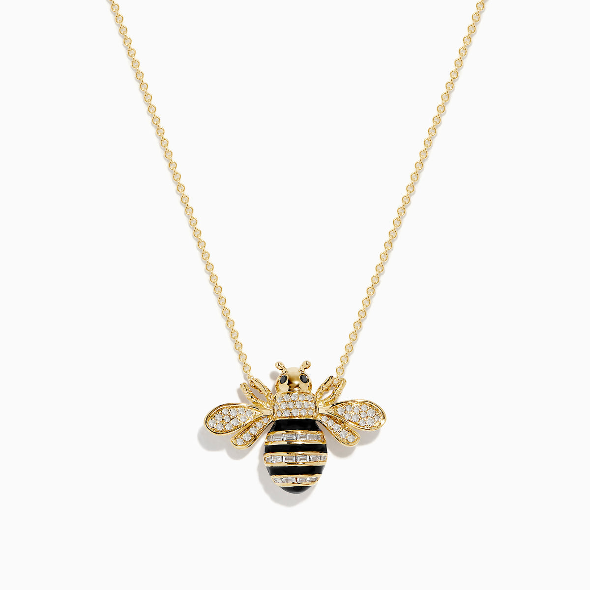 The 14K Yellow Gold Black and White Diamond Bee Necklace features a gold chain with a bee pendant adorned with black and white diamond accents, delicate stripes, and intricate detailing on the head and body. The pendant is symmetrically suspended from the elegant chain in classic Effy style, adding a touch of whimsical elegance.
