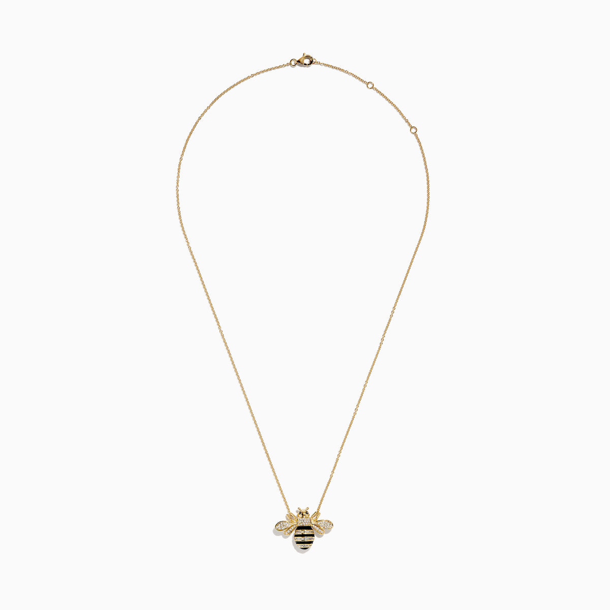 The 14K Yellow Gold Black and White Diamond Bee Necklace features a gold chain with a bee pendant adorned with black and white diamond accents, delicate stripes, and intricate detailing on the head and body. The pendant is symmetrically suspended from the elegant chain in classic Effy style, adding a touch of whimsical elegance.