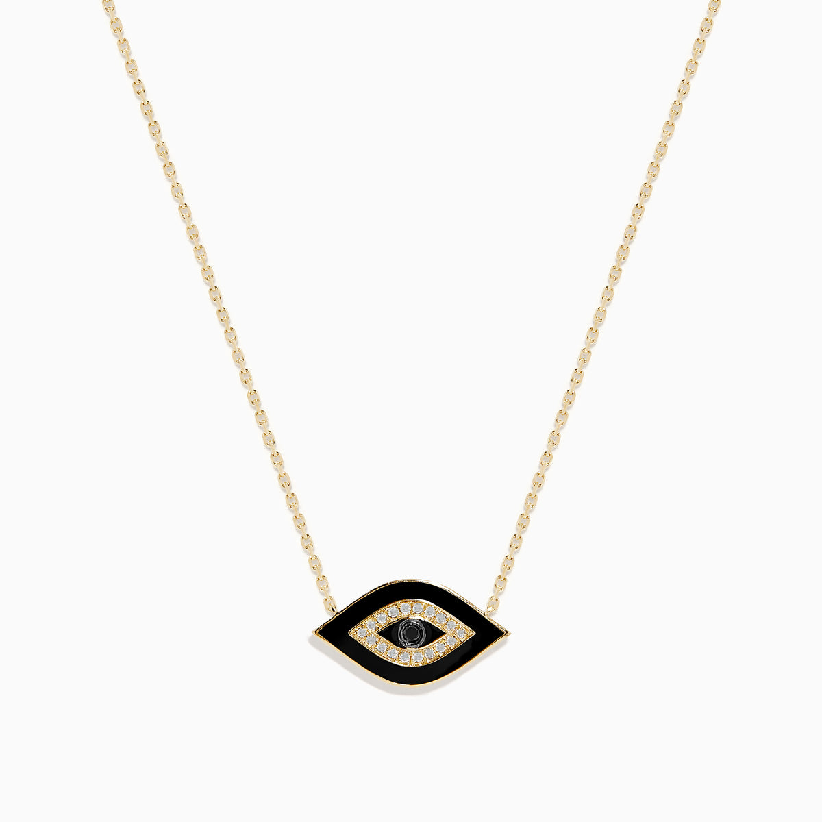 The Novelty 14K Yellow Gold Black Enamel and White Diamond Evil Eye Necklace features a pendant with a black enamel center, a bold black outline, and a ring of sparkling white diamonds.
