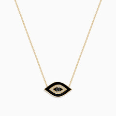 The Novelty 14K Yellow Gold Black Enamel and White Diamond Evil Eye Necklace features a pendant with a black enamel center, a bold black outline, and a ring of sparkling white diamonds.