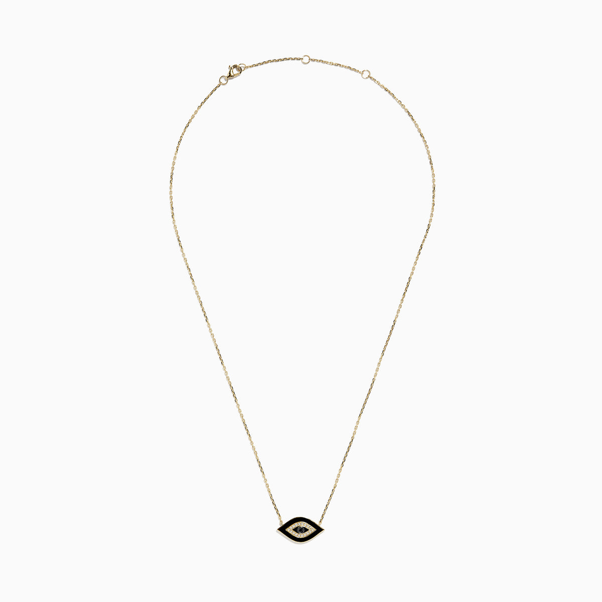 The Novelty 14K Yellow Gold Black Enamel and White Diamond Evil Eye Necklace features a pendant with a black enamel center, a bold black outline, and a ring of sparkling white diamonds.