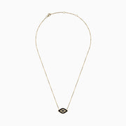 The Novelty 14K Yellow Gold Black Enamel and White Diamond Evil Eye Necklace features a pendant with a black enamel center, a bold black outline, and a ring of sparkling white diamonds.