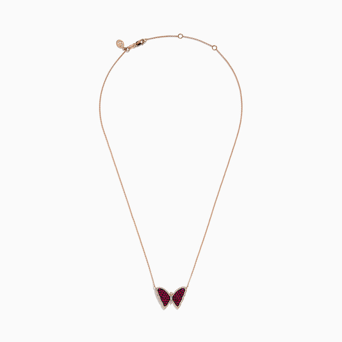 The Ruby Royale 14K Rose Gold Ruby Butterfly Necklace features a butterfly pendant with vivid red and black stones, accented by clear crystals on a delicate rose gold chain.