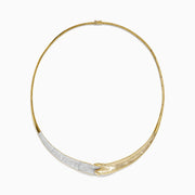 The DOro 14K Yellow Gold and Diamond Necklace features an asymmetrical design with one side set with shimmering diamonds and the other in textured gold, meeting in a graceful front curve—a signature Effy creation.