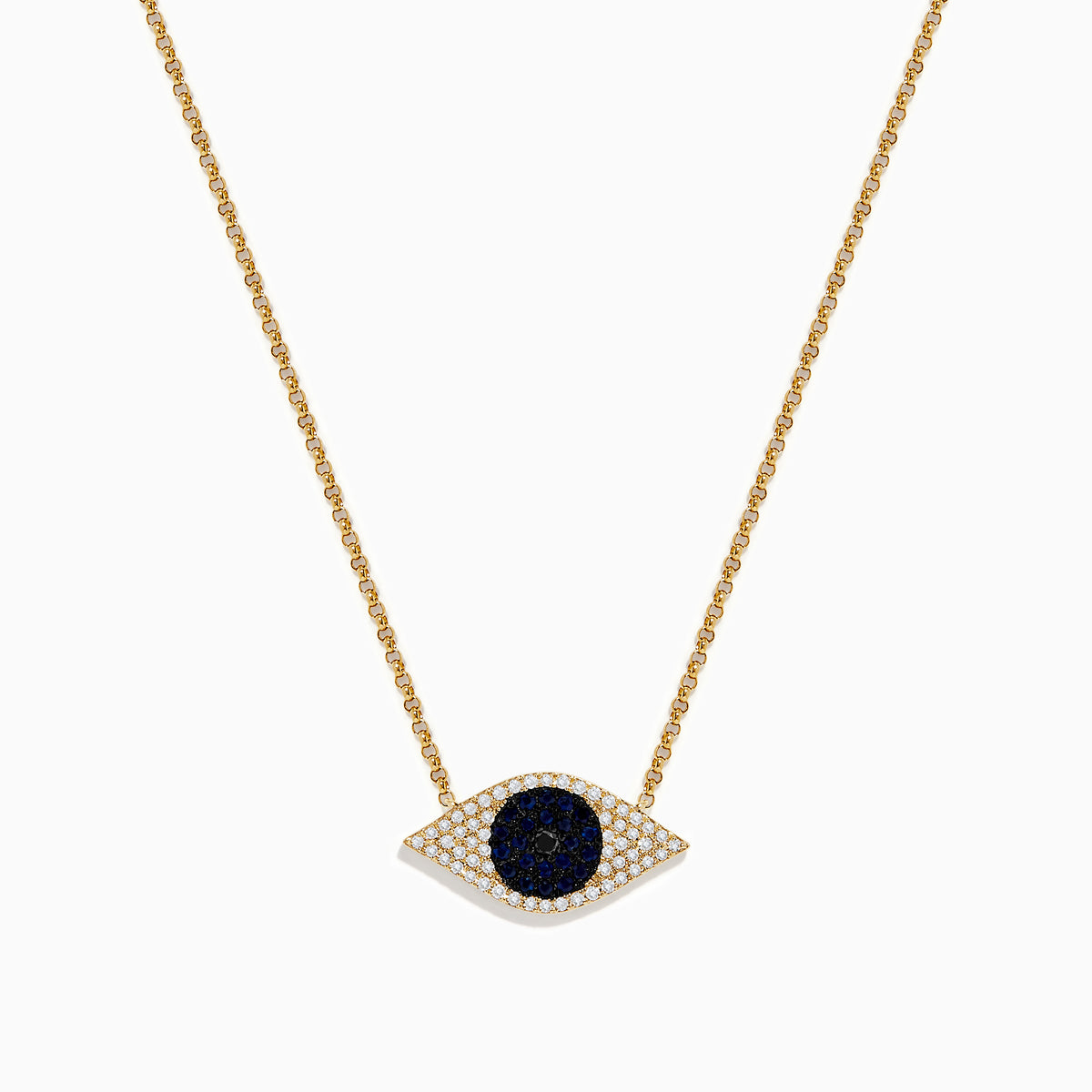 The Novelty 14K Yellow Gold Blue Sapphire and Diamond Evil Eye Necklace features an eye-shaped pendant with a dark blue sapphire center, accented by sparkling diamonds.