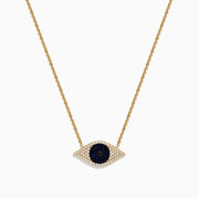 The Novelty 14K Yellow Gold Blue Sapphire and Diamond Evil Eye Necklace features an eye-shaped pendant with a dark blue sapphire center, accented by sparkling diamonds.