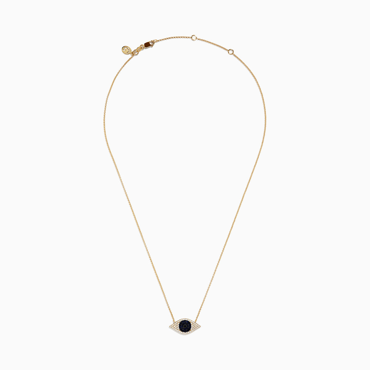 The Novelty 14K Yellow Gold Blue Sapphire and Diamond Evil Eye Necklace features an eye-shaped pendant with a dark blue sapphire center, accented by sparkling diamonds.