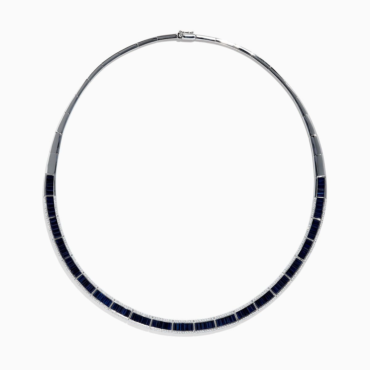 The Royale Bleu 14K White Gold Blue Sapphire and Diamond Necklace features rectangular blue sapphires in a row, bordered by sparkling diamonds in a semi-rigid collar design.