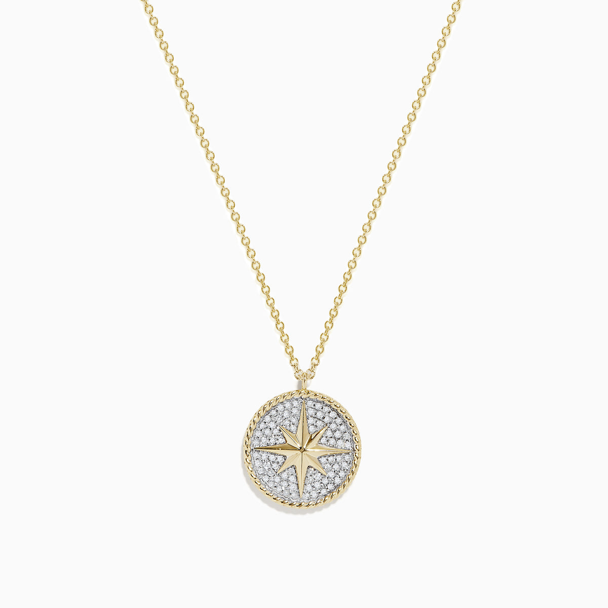 The Novelty 14k Yellow Gold Diamond Compass Pendant features a round star design on a textured silver-tone background, accented with a beaded gold border, and displayed on a plain white background.