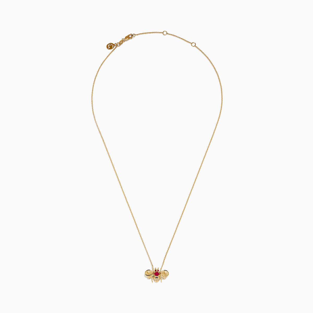 The Ruby Royale 14K Yellow Gold Diamond and Ruby Bee Necklace features a bee pendant adorned with red rubies and clear diamonds, elegantly displayed against a white background.