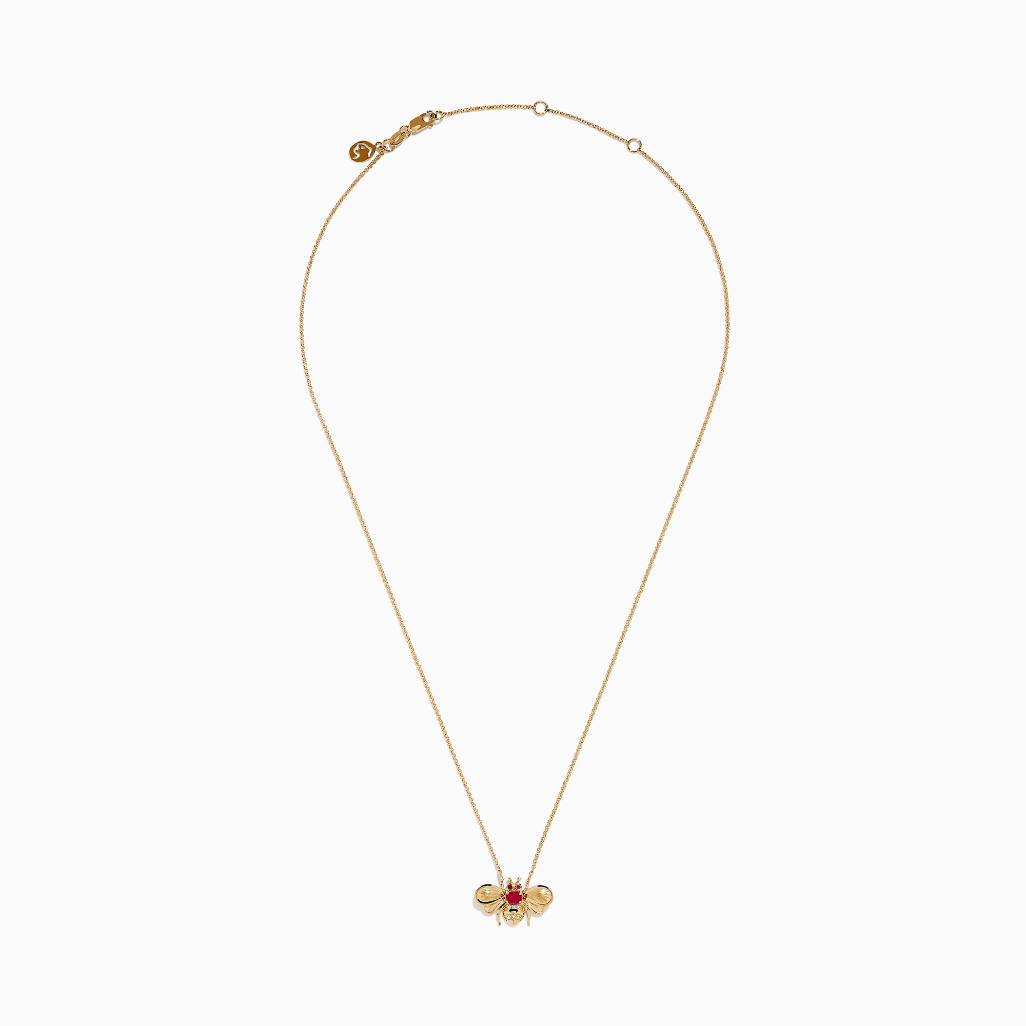 The Ruby Royale 14K Yellow Gold Diamond and Ruby Bee Necklace features a bee pendant adorned with red rubies and clear diamonds, elegantly displayed against a white background.