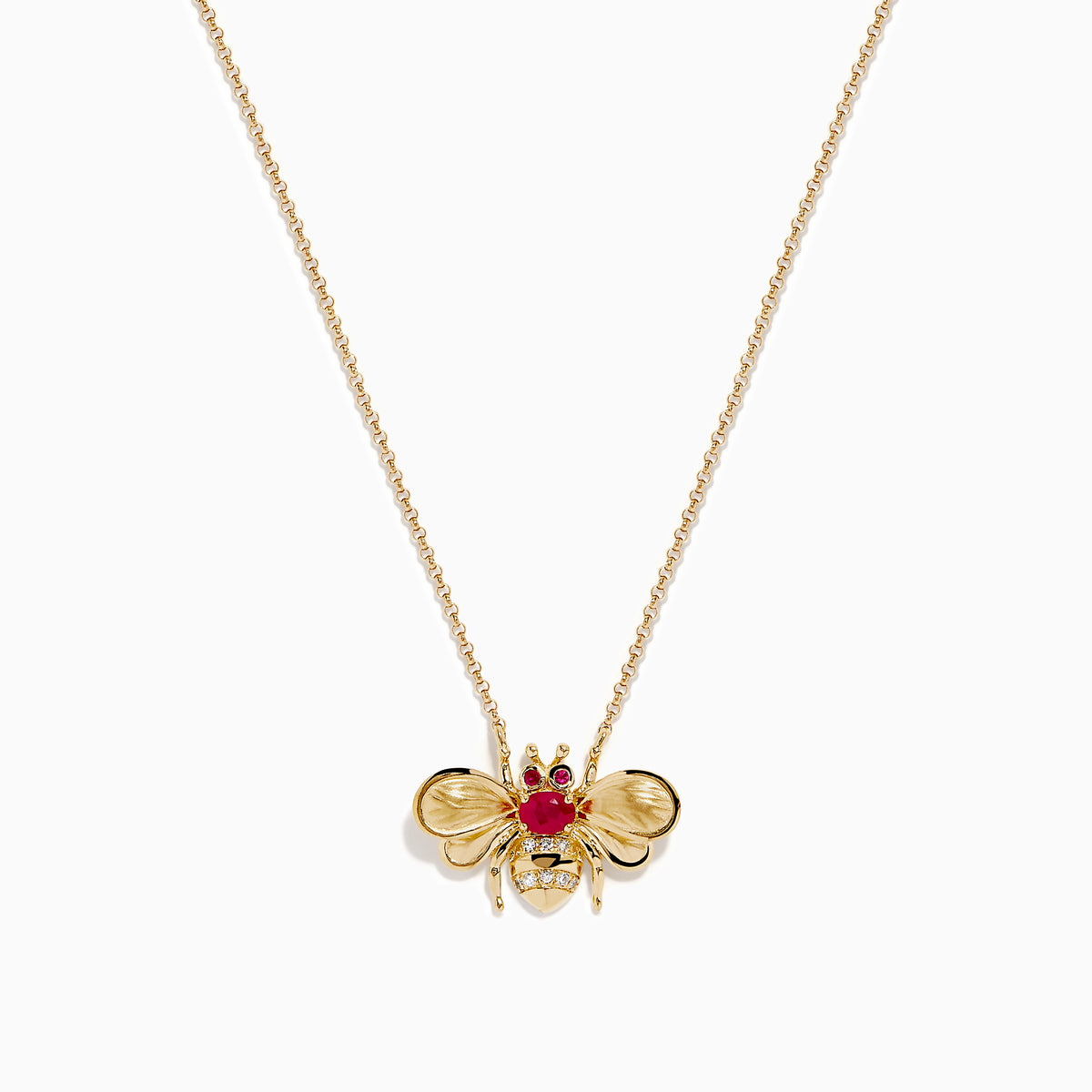 The Ruby Royale 14K Yellow Gold Diamond and Ruby Bee Necklace features a bee pendant adorned with red rubies and clear diamonds, elegantly displayed against a white background.