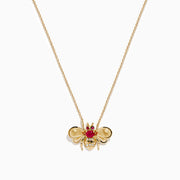 The Ruby Royale 14K Yellow Gold Diamond and Ruby Bee Necklace features a bee pendant adorned with red rubies and clear diamonds, elegantly displayed against a white background.