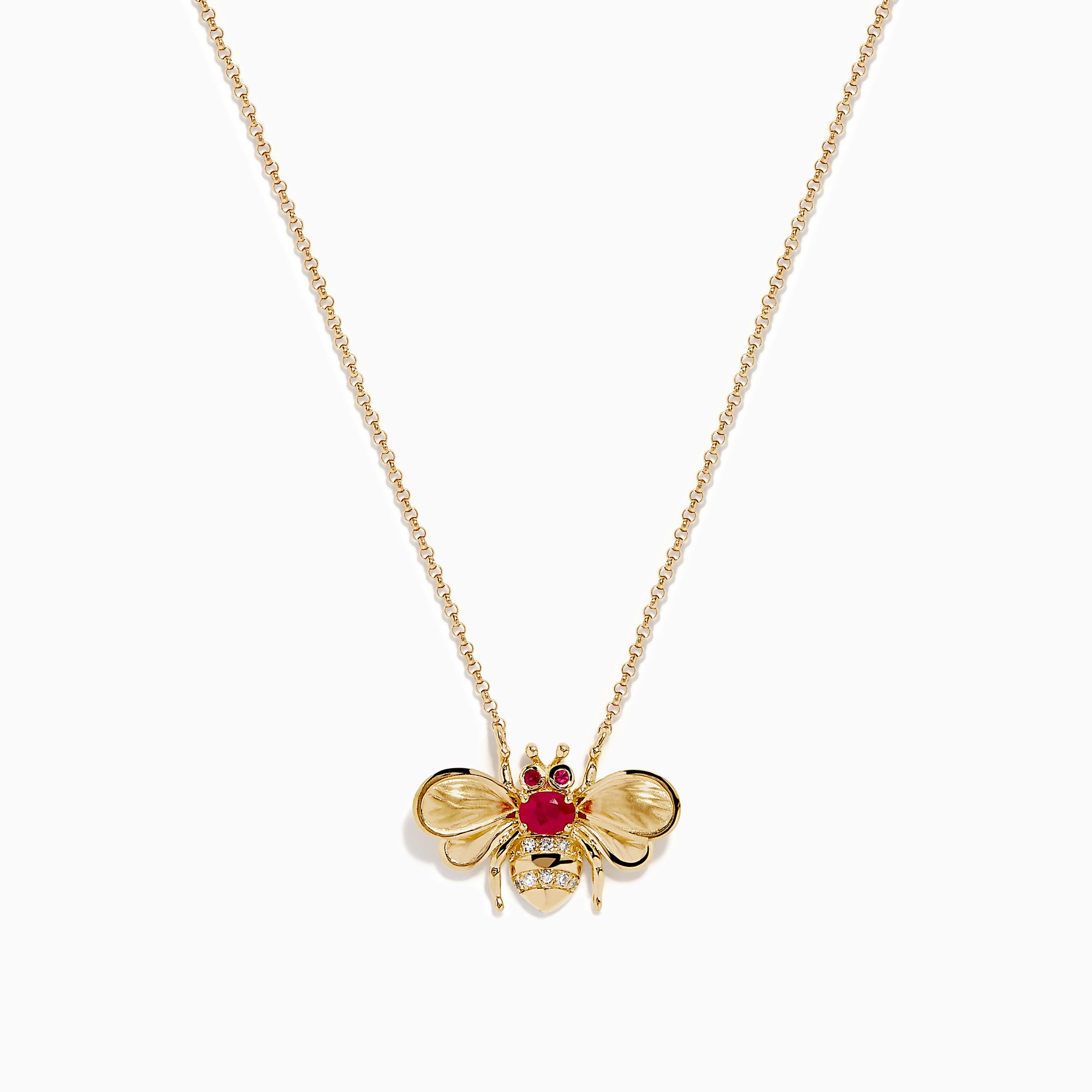 The Ruby Royale 14K Yellow Gold Diamond and Ruby Bee Necklace features a bee pendant adorned with red rubies and clear diamonds, elegantly displayed against a white background.