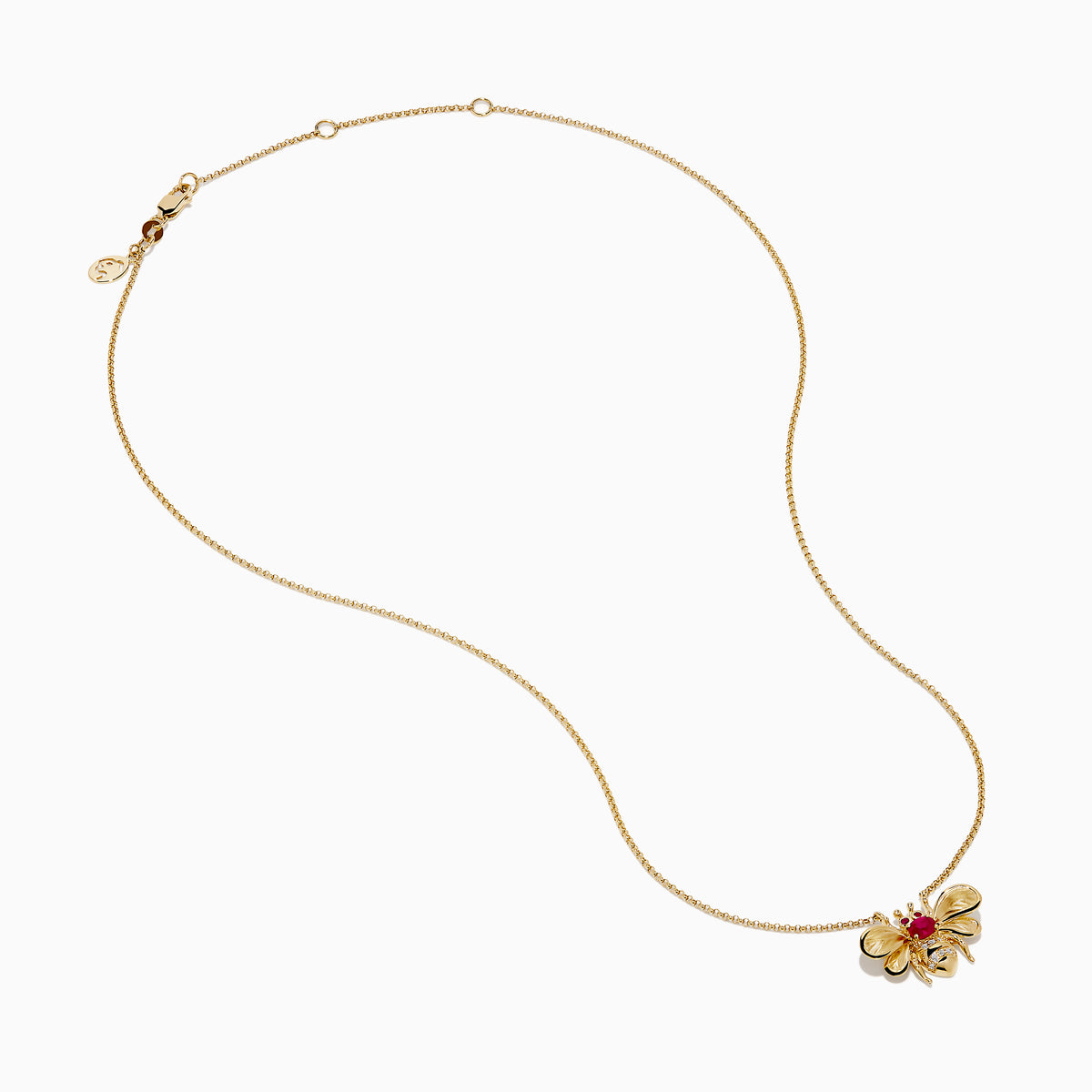 The Ruby Royale 14K Yellow Gold Diamond and Ruby Bee Necklace features a bee pendant adorned with red rubies and clear diamonds, elegantly displayed against a white background.