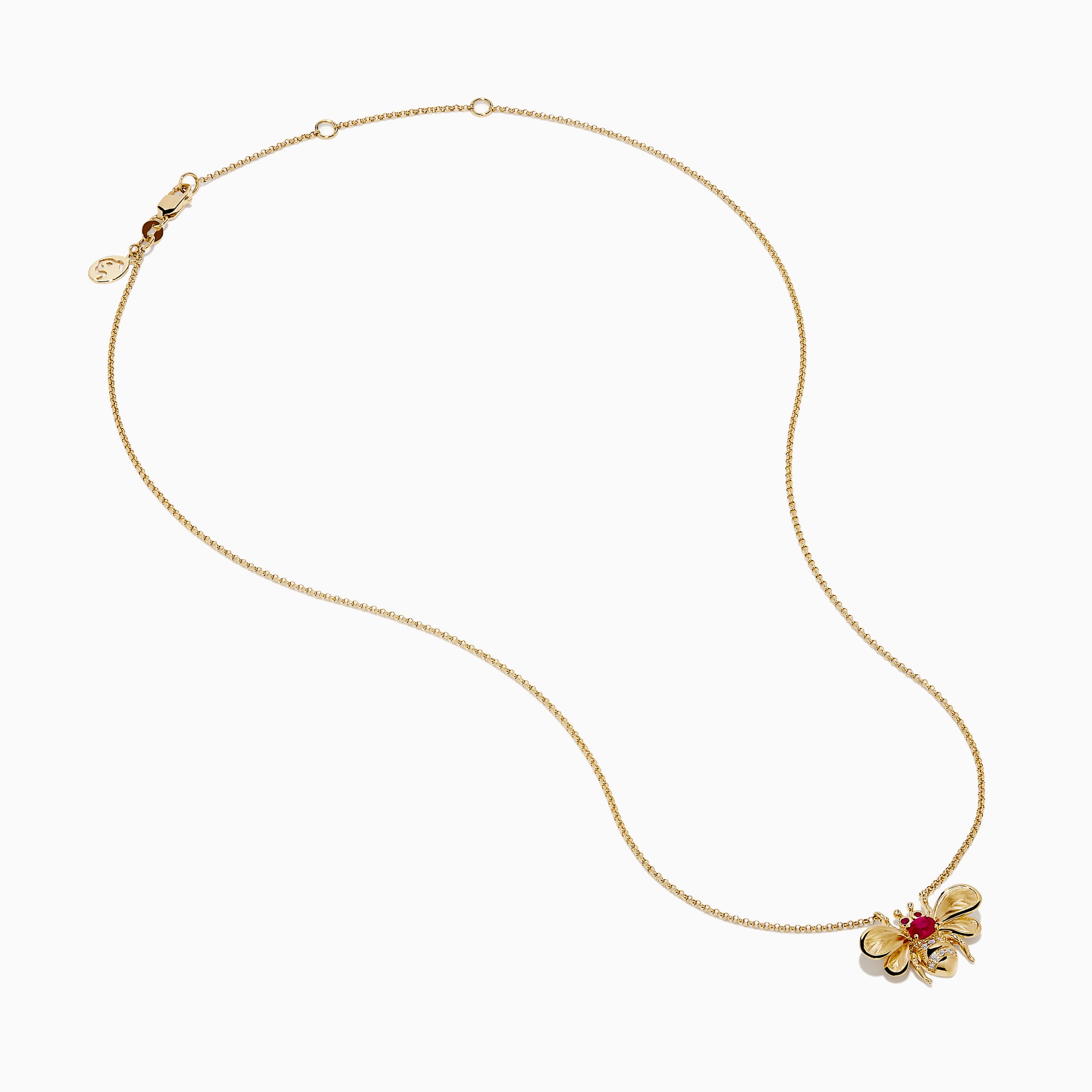 The Ruby Royale 14K Yellow Gold Diamond and Ruby Bee Necklace features a bee pendant adorned with red rubies and clear diamonds, elegantly displayed against a white background.