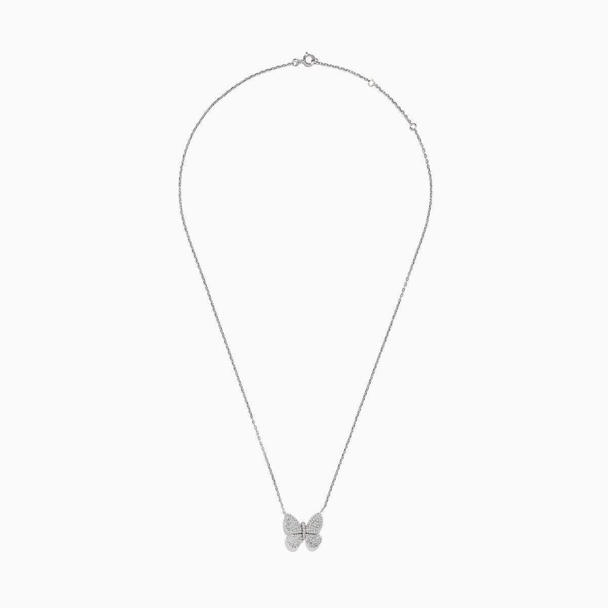 The 925 Sterling Silver Butterfly Necklace features a delicate butterfly-shaped pendant adorned with sparkling diamonds, beautifully displayed against a white background.