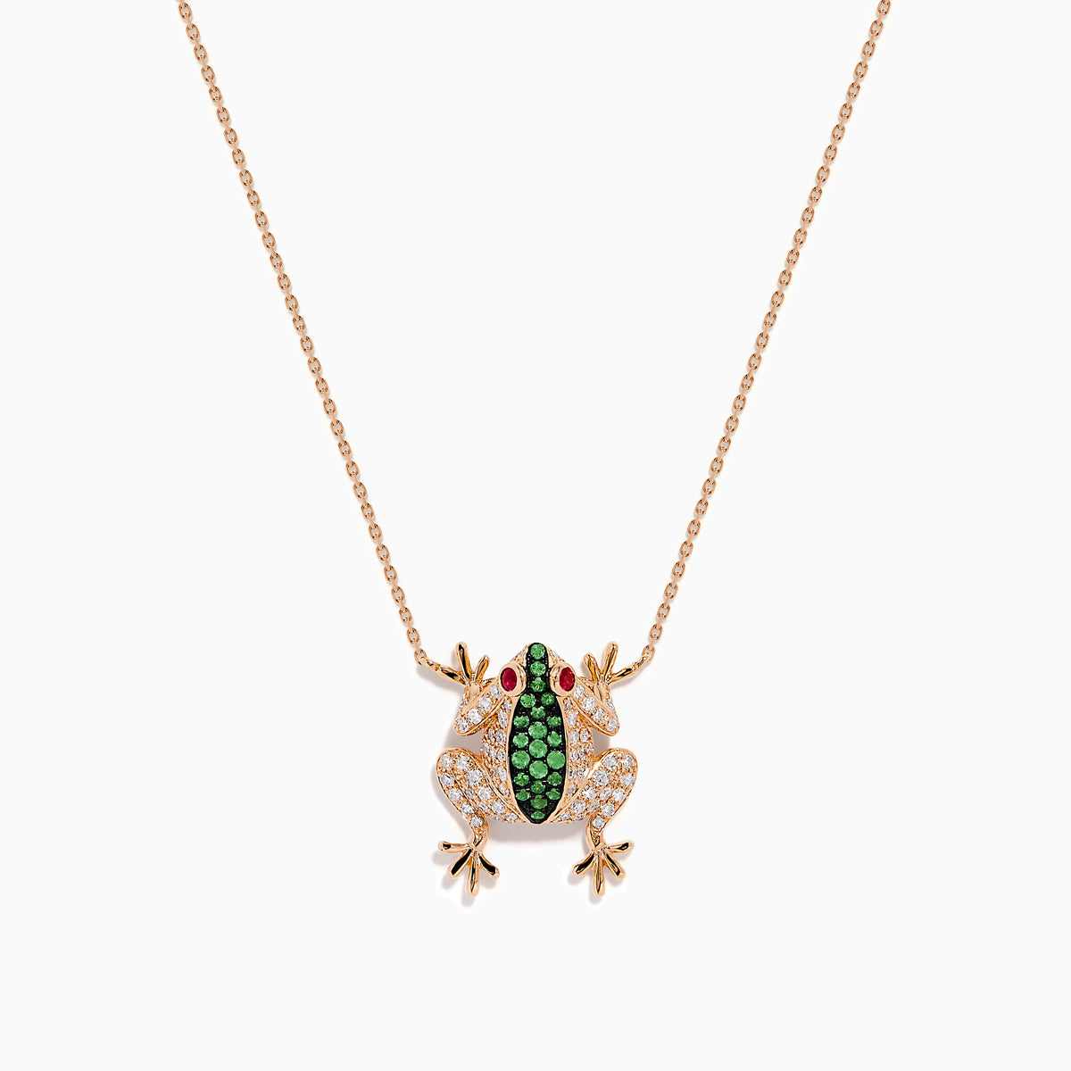 14K Rose Gold Tsavorite, Ruby and Diamond Frog Necklace