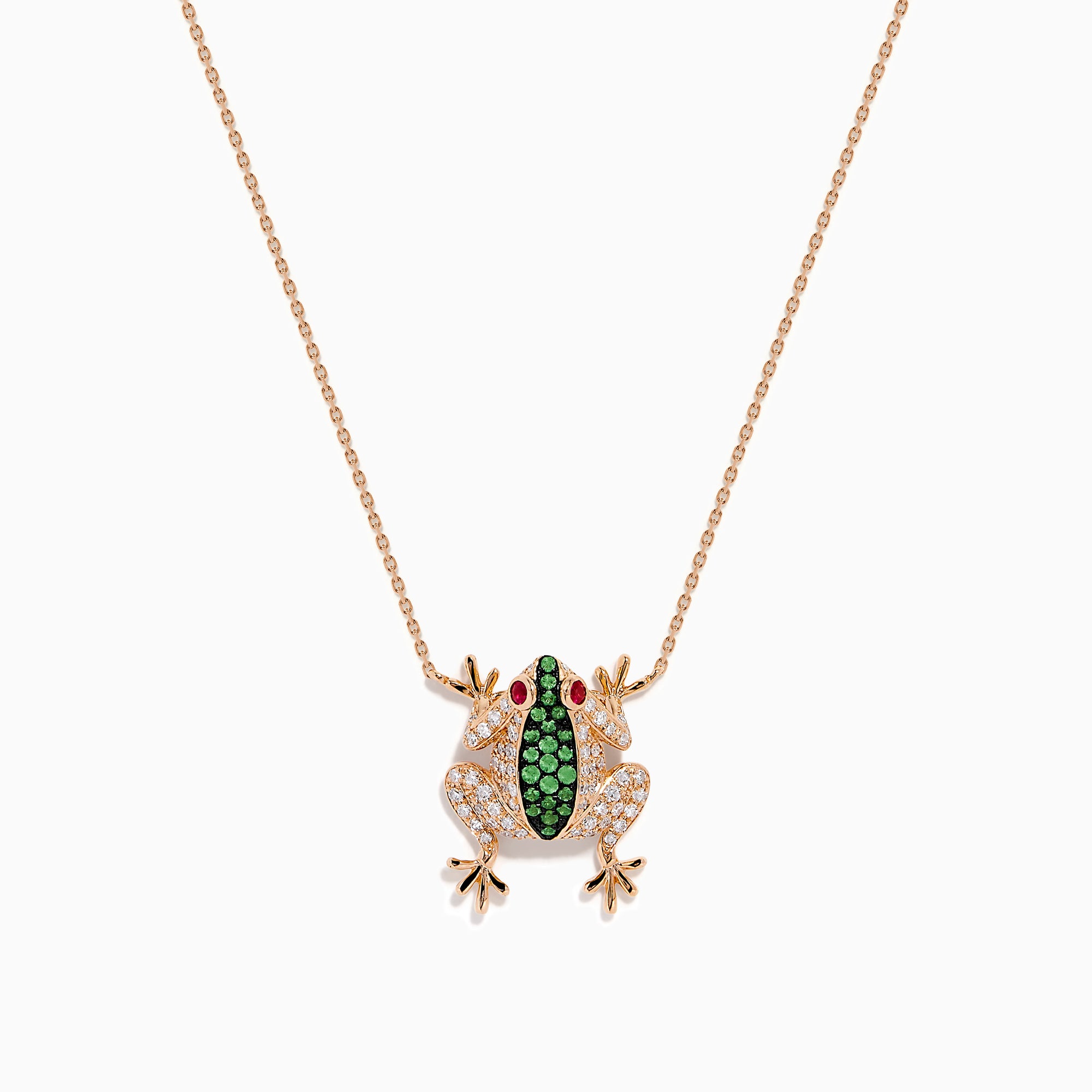 14K Rose Gold Tsavorite, Ruby and Diamond Frog Necklace