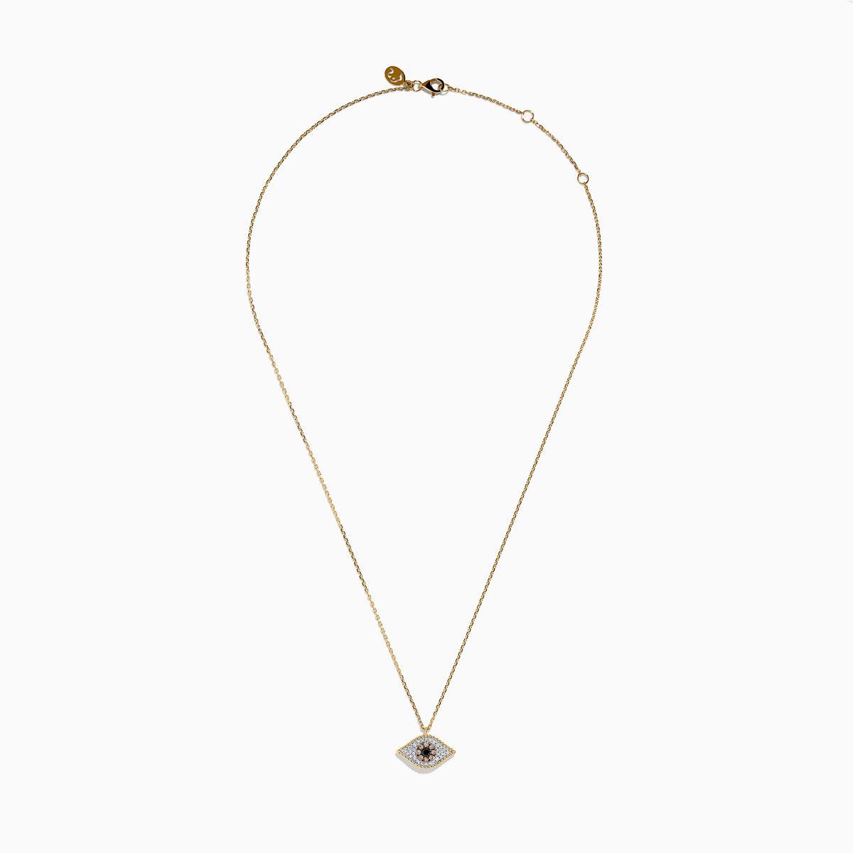 The Espresso 14K Yellow Gold Diamond Evil Eye Pendant features black and white diamonds in an eye-shaped design, creating a sparkling and stylish necklace.