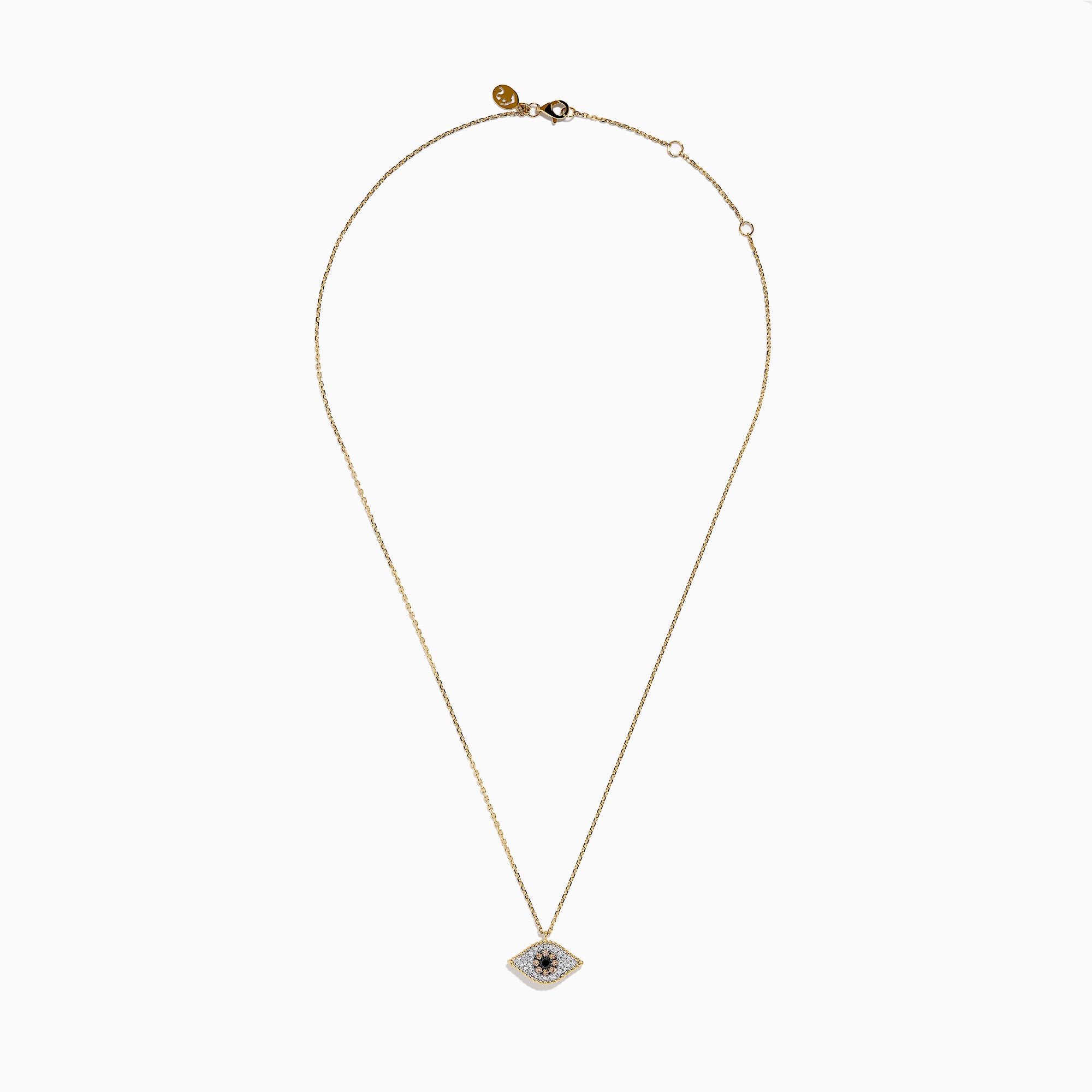 The Espresso 14K Yellow Gold Diamond Evil Eye Pendant features black and white diamonds in an eye-shaped design, creating a sparkling and stylish necklace.