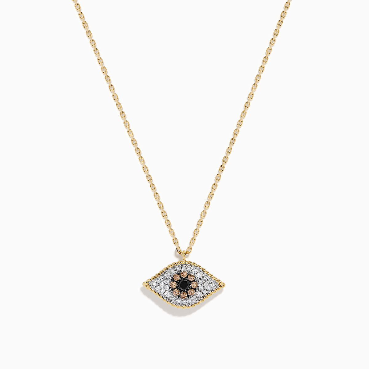 The Espresso 14K Yellow Gold Diamond Evil Eye Pendant features black and white diamonds in an eye-shaped design, creating a sparkling and stylish necklace.