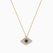 The Espresso 14K Yellow Gold Diamond Evil Eye Pendant features black and white diamonds in an eye-shaped design, creating a sparkling and stylish necklace.