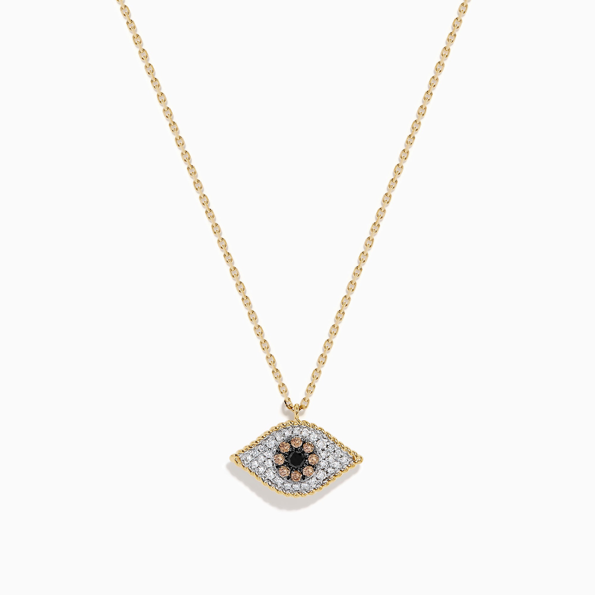 The Espresso 14K Yellow Gold Diamond Evil Eye Pendant features black and white diamonds in an eye-shaped design, creating a sparkling and stylish necklace.