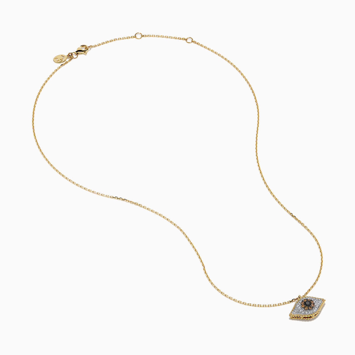 The Espresso 14K Yellow Gold Diamond Evil Eye Pendant features black and white diamonds in an eye-shaped design, creating a sparkling and stylish necklace.