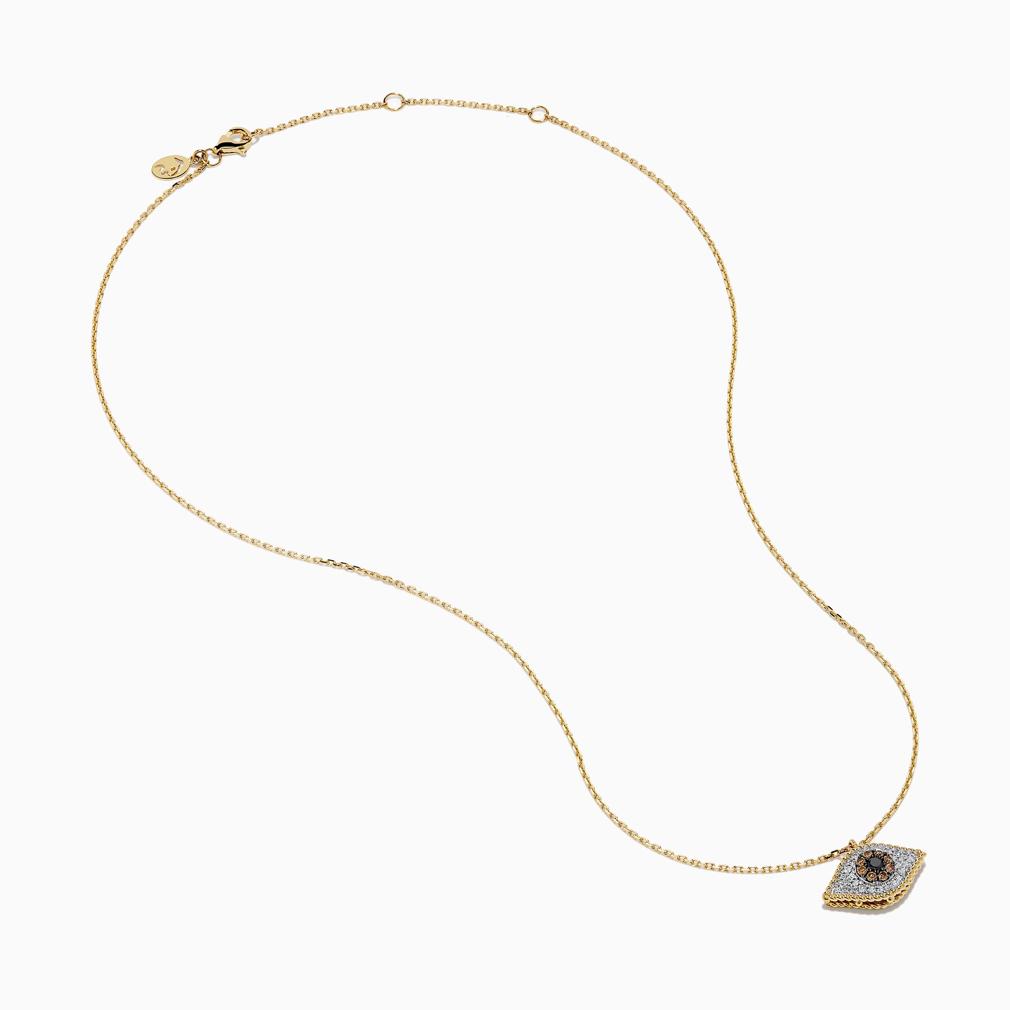 The Espresso 14K Yellow Gold Diamond Evil Eye Pendant features black and white diamonds in an eye-shaped design, creating a sparkling and stylish necklace.