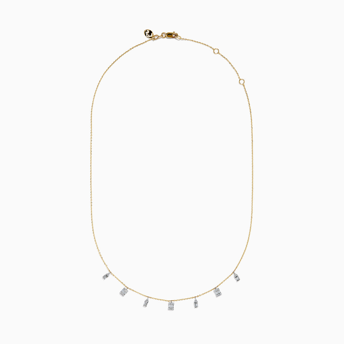 The 14K Two Tone Gold Dangling Diamonds Necklace features seven dainty rectangular diamond pendants evenly spaced along a 14K gold chain, each set with sparkling diamonds. Displayed against a white background.