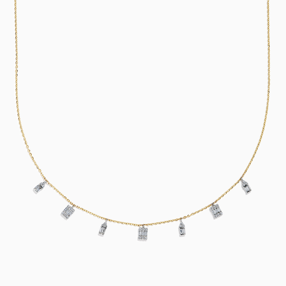 The 14K Two Tone Gold Dangling Diamonds Necklace features seven dainty rectangular diamond pendants evenly spaced along a 14K gold chain, each set with sparkling diamonds. Displayed against a white background.