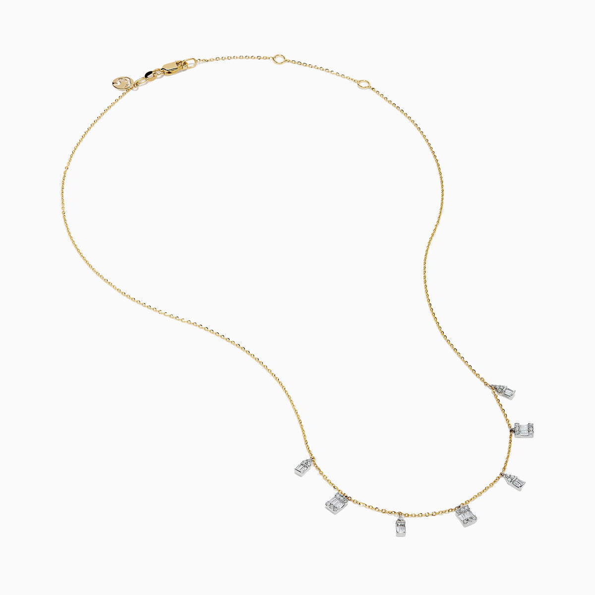The 14K Two Tone Gold Dangling Diamonds Necklace features seven dainty rectangular diamond pendants evenly spaced along a 14K gold chain, each set with sparkling diamonds. Displayed against a white background.