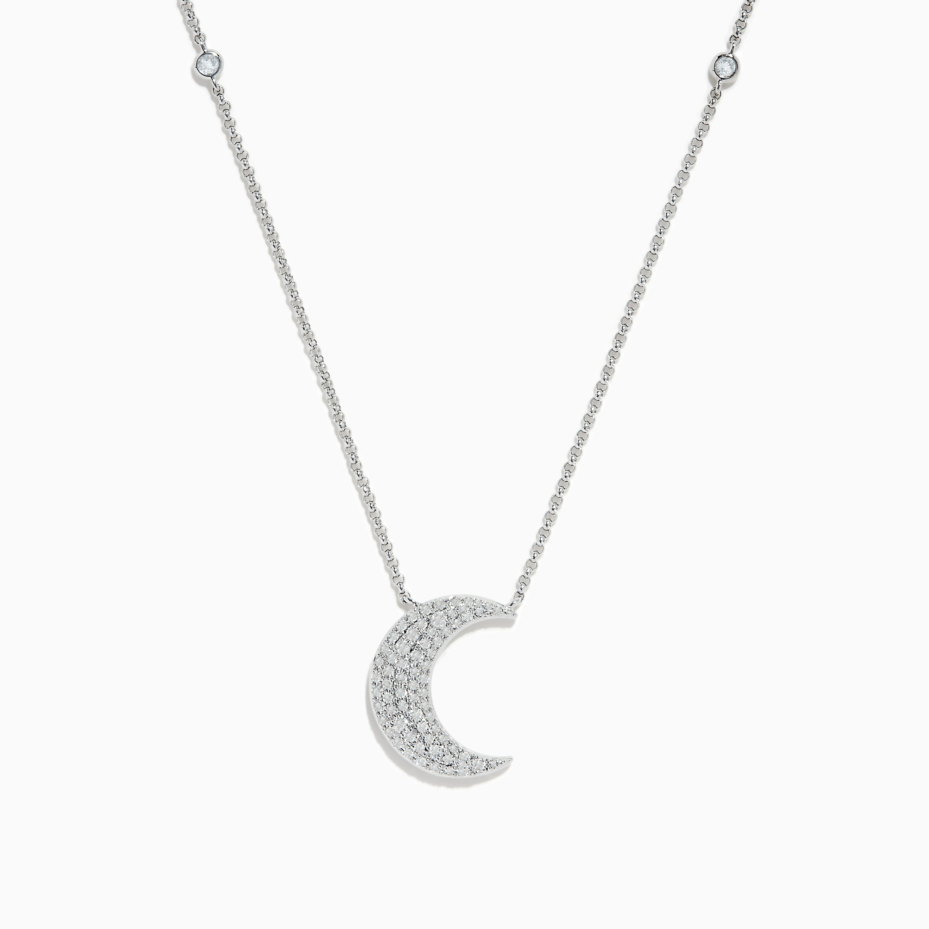 Novelty 14K White Gold Diamond Crescent Moon Necklace 