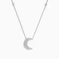 The Novelty 14K White Gold Diamond Crescent Moon Necklace features a delicate crescent pendant with sparkling diamonds and two small round gems set along the chain—a charming choice for any occasion.