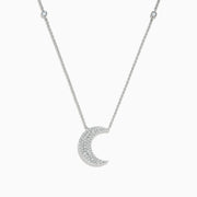 The Novelty 14K White Gold Diamond Crescent Moon Necklace features a delicate crescent pendant with sparkling diamonds and two small round gems set along the chain—a charming choice for any occasion.