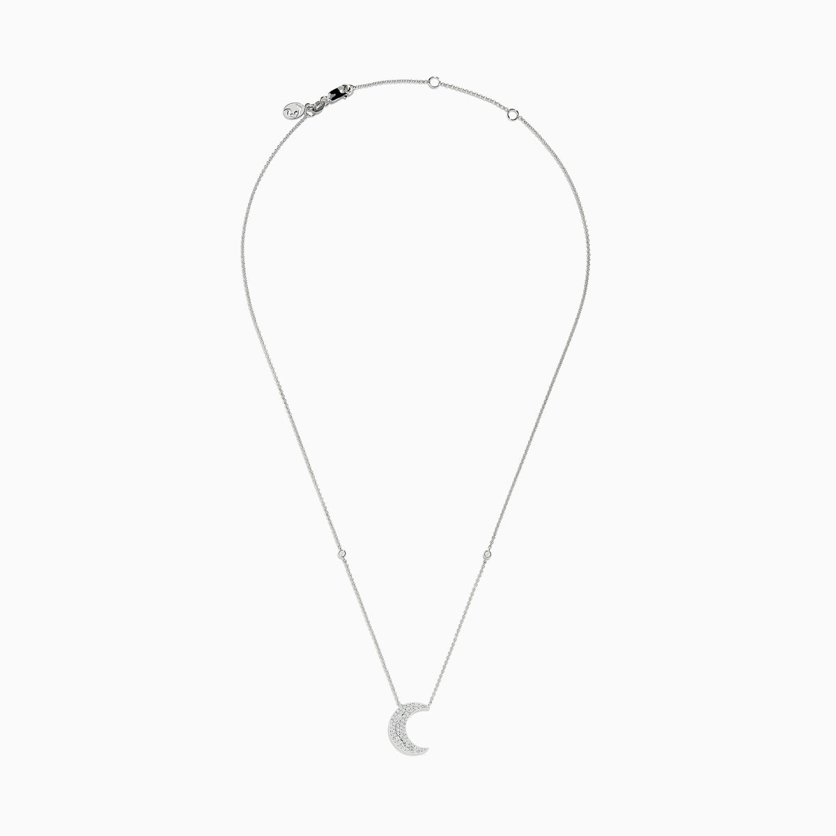 The Novelty 14K White Gold Diamond Crescent Moon Necklace features a delicate crescent pendant with sparkling diamonds and two small round gems set along the chain—a charming choice for any occasion.