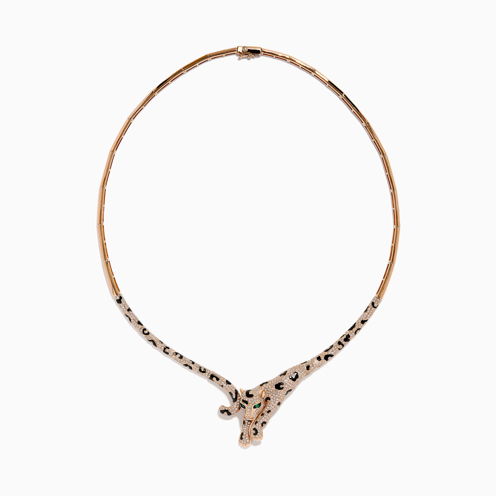 The Signature 14K Rose Gold Diamond and Emerald Panther Necklace features a sculpted panther head with black spots, sparkling diamonds, and vivid emerald green eyes for a striking look.