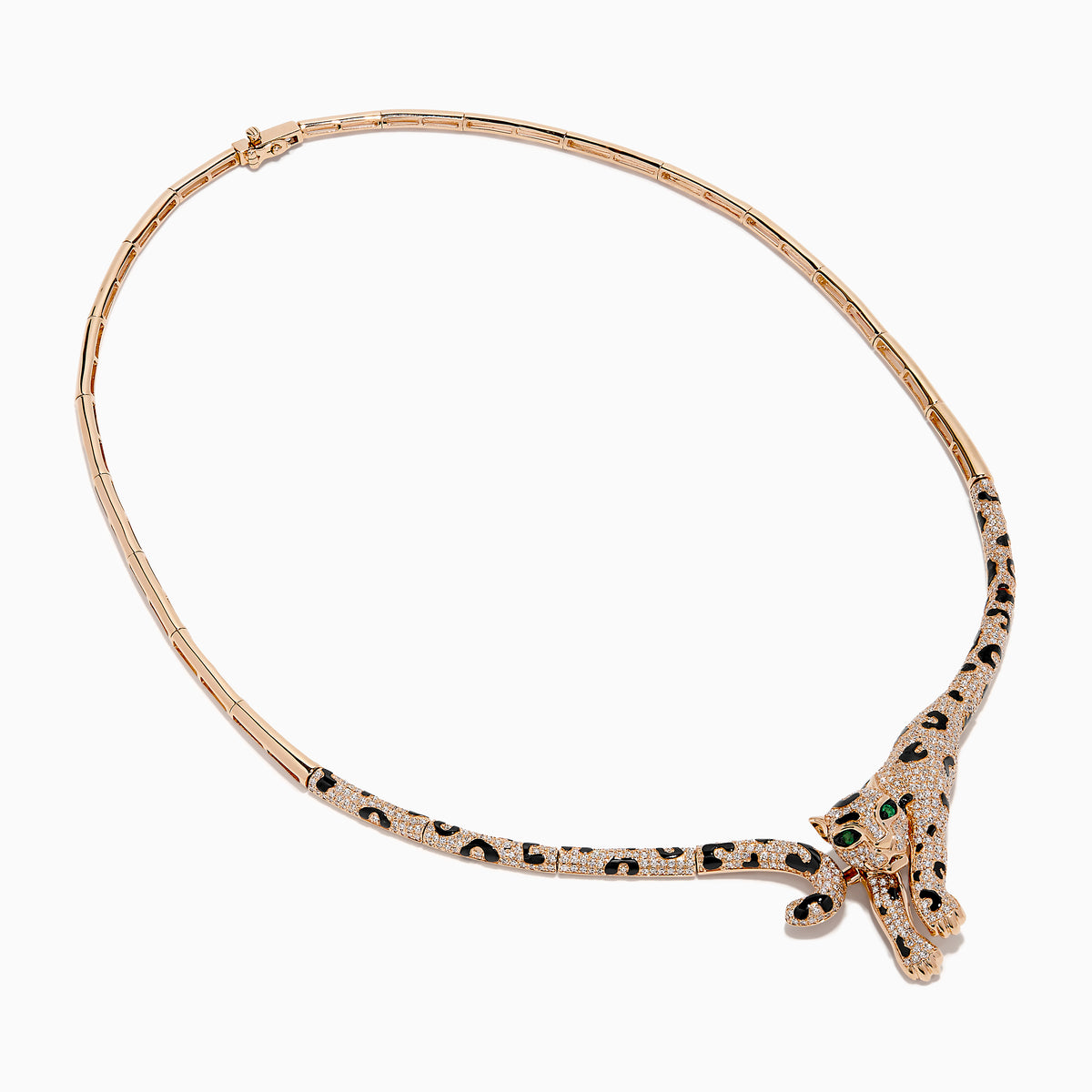 The Signature 14K Rose Gold Diamond and Emerald Panther Necklace features a sculpted panther head with black spots, sparkling diamonds, and vivid emerald green eyes for a striking look.