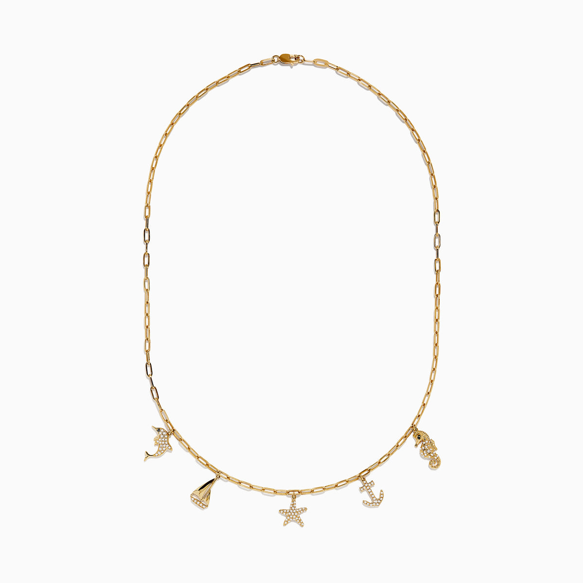 The Seaside 14K Yellow Gold Diamond Charm Necklace by Effy features five nautical charms—dolphin, sailboat, starfish, anchor, and seahorse—with some accented by sparkling diamonds for added shimmer.