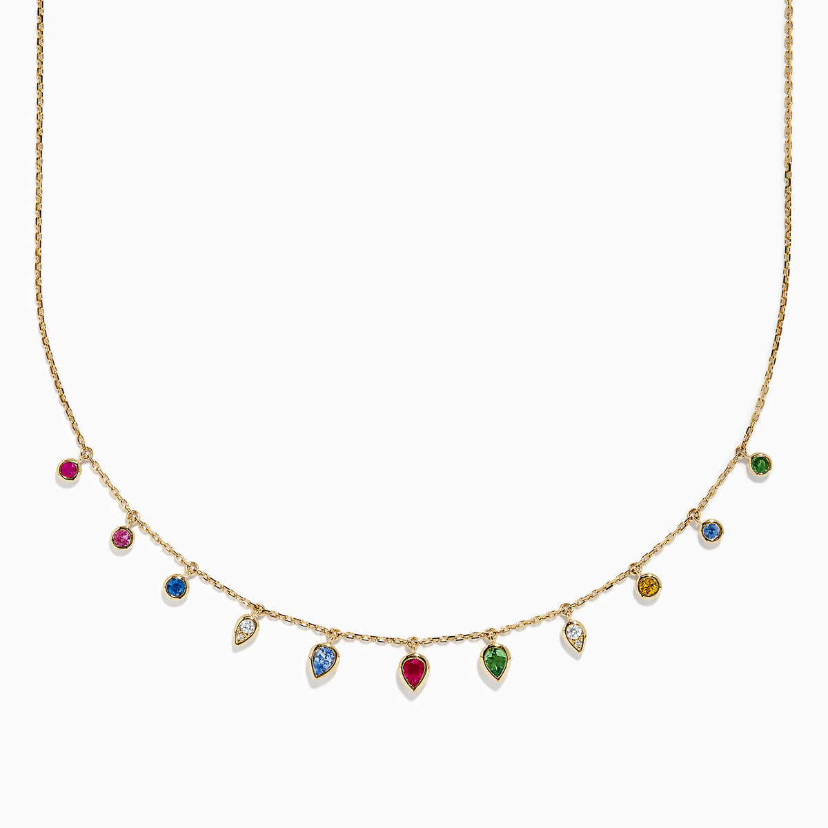 The 14K Yellow Gold Multi Sapphire Diamond Rain Drop Station Necklace showcases round and teardrop-shaped sapphire charms spaced along the chain, all set against a plain white background.