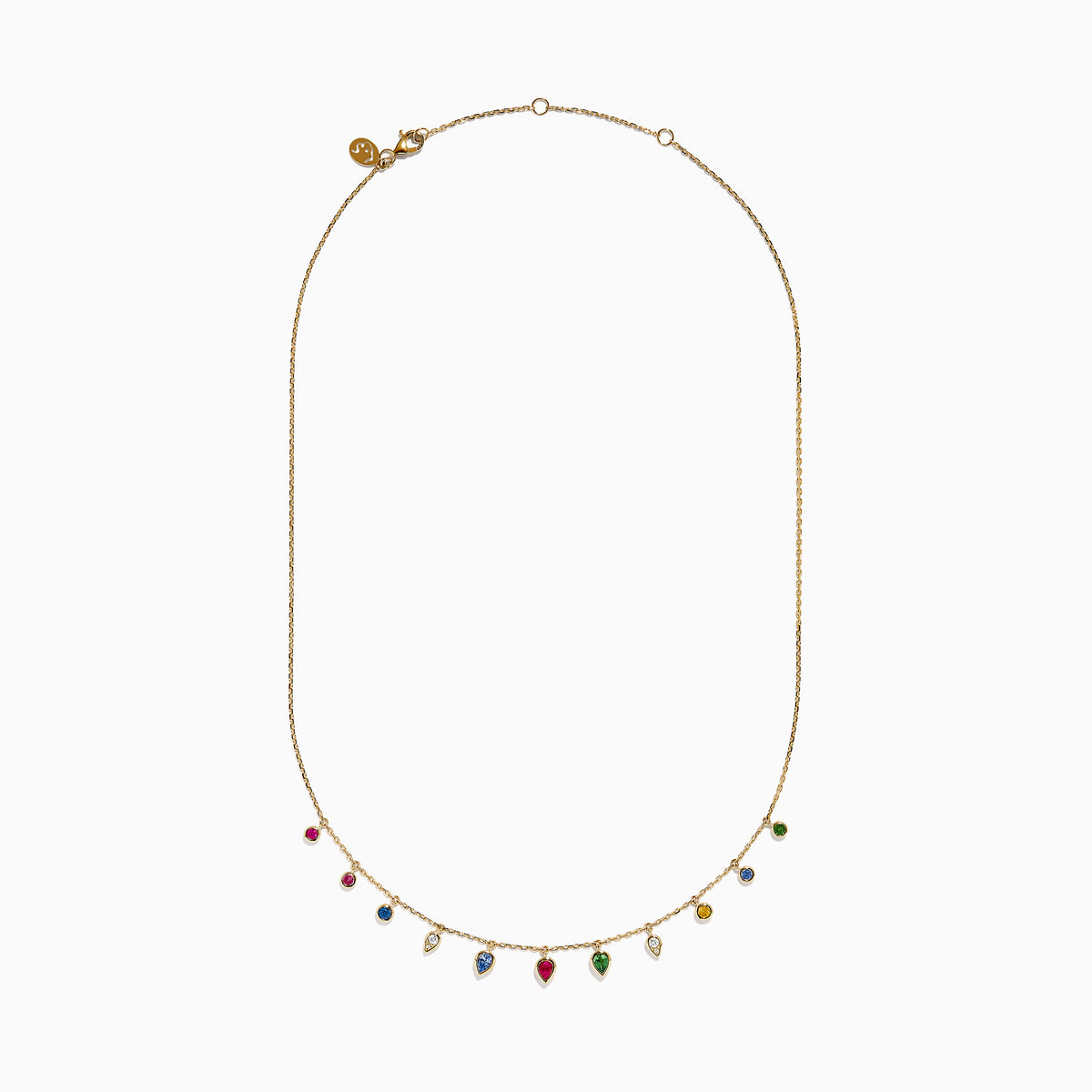 The 14K Yellow Gold Multi Sapphire Diamond Rain Drop Station Necklace showcases round and teardrop-shaped sapphire charms spaced along the chain, all set against a plain white background.