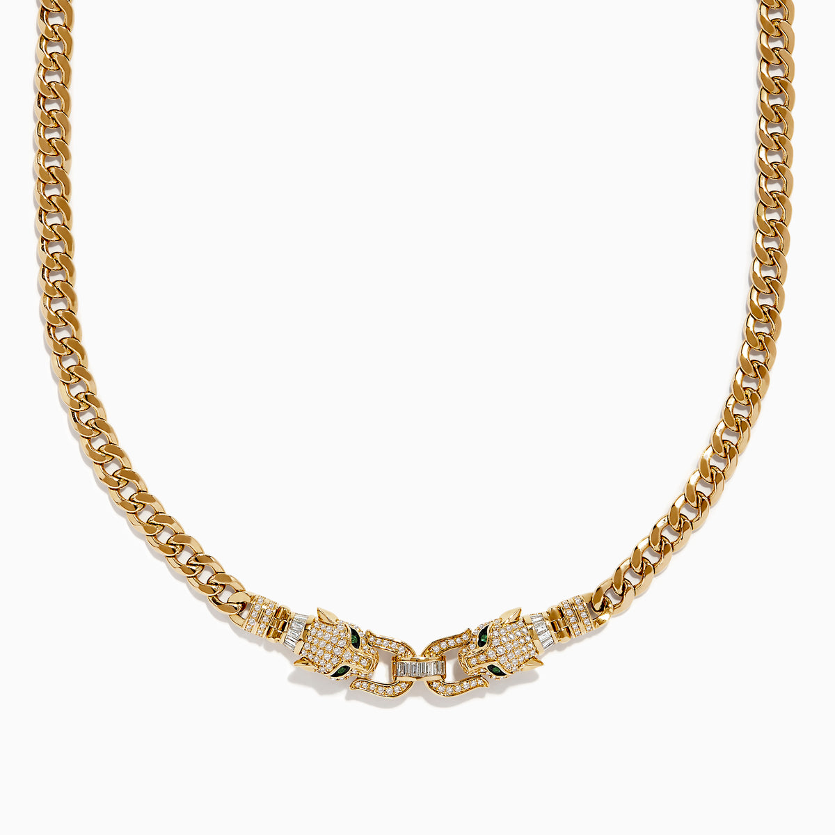 The Signature 14K Yellow Gold Diamond and Emerald Panther Necklace features two jeweled panther head clasps with green gemstone eyes and pavé diamond accents, facing each other at the center.