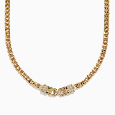 The Signature 14K Yellow Gold Diamond and Emerald Panther Necklace features two jeweled panther head clasps with green gemstone eyes and pavé diamond accents, facing each other at the center.