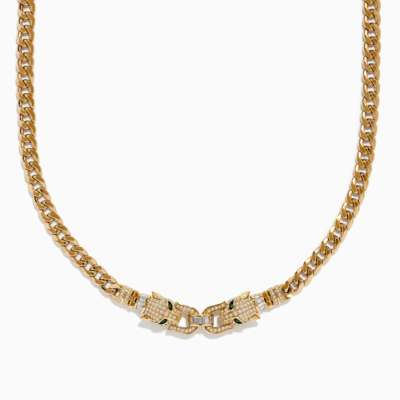 The Signature 14K Yellow Gold Diamond and Emerald Panther Necklace features two jeweled panther head clasps with green gemstone eyes and pavé diamond accents, facing each other at the center.