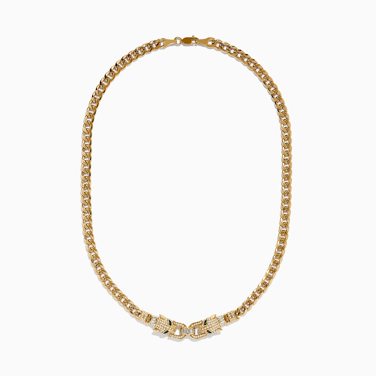 The Signature 14K Yellow Gold Diamond and Emerald Panther Necklace features two jeweled panther head clasps with green gemstone eyes and pavé diamond accents, facing each other at the center.